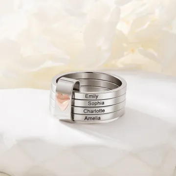 Discover Personalised Sterling Silver Name Stacking Rings - Engraved 2-7 Bands with Heart Accent, Daily Wear Jewellery for Her