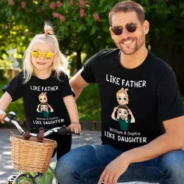 Discover Personalised Cartoon Dad and Son Daughter 100% Cotton Baby Bodysuit Adult Kid T-shirt with Name Father's Day Gift for Kid Dad Newborn