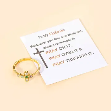 Discover Personalised Minimalism Pray Cross Ring with 1-6 Family Birthstones and Card Religious Jewellery Baptism Christian Mother's Day Gift for Women