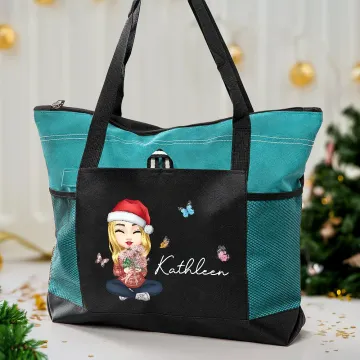 Discover Personalised Cartoon Character Birth Flower Bouquet Name Tote Bag with Mesh Pockets and Zipper Birthday Christmas Gift for Family Friend