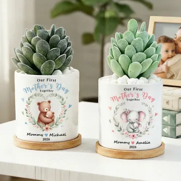 Discover Personalised Floral Parent-Child Animal Ceramic Plant Pot with Bamboo Base Name and Year First Mother's Day Gift for Mom