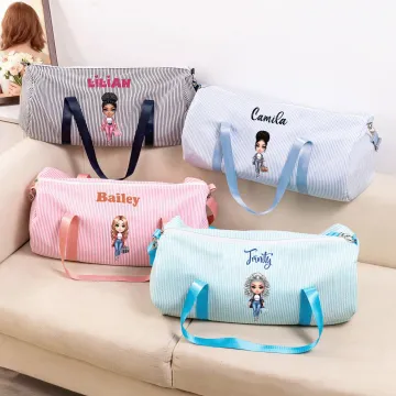 Discover Personalised Cartoon Travel Character Striped Canvas Travel Duffel Bag with Name and Shoulder Strap Daily Use Birthday Gift for Women