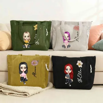 Discover Personalised Cute Cartoon Character Large Corduroy Tote Bag with Birth Flower and Name Daily Use Birthday Gift for Women
