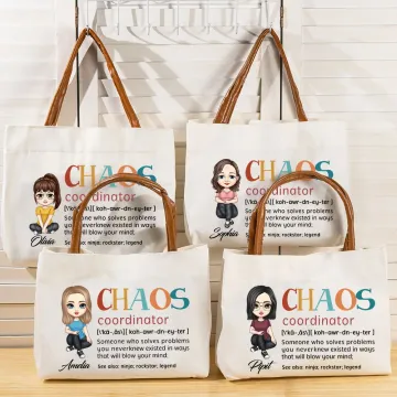 Discover Personalised Chaos Coordinator Cartoon Character Leather Handle Canvas Tote Bag with Name Birthday Appreciation Mother's Day Gift for Women