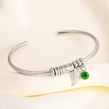 Discover Personalised Birthstone Leaf Open Bangle Bracelet with Engraved 1-10 Name Beads Dainty Jewellery Mother's Day Birthday Gift for Women