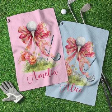 Discover Personalised Floral Bow Golf Classic Quick Dry Waffle Golf Towel with Name and Carabiner Clip Golf Accessory Birthday Gift for Golf Player