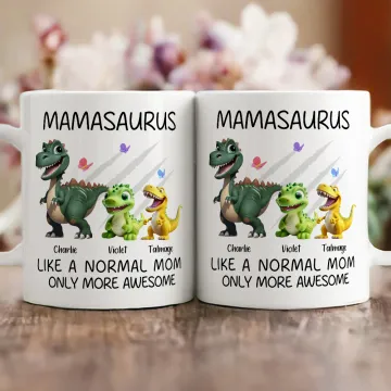 Discover Personalised Cute 3D Dinosaur Family White Ceramic Mug with 1-12 Names Birthday Mother's Day Gift for Mom Grandma