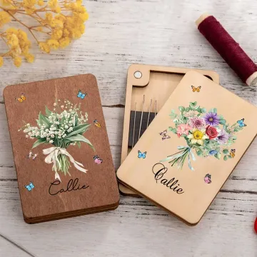 Discover Personalised Family Birth Flower Bouquet Wooden Magnetic Needle Box with Name Birthday Mother's Day Gift for Mom Grandma Sewing Lover