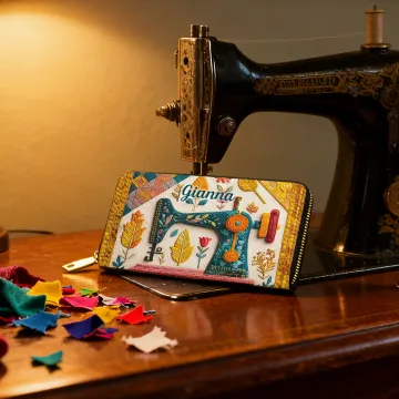 Discover Personalised Retro Sewing Machine Large Name Hand Wallet with Multiple Compartments and Metal Zipper Birthday Anniversary Gift for Sewing Lover