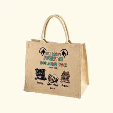 Discover Personalised The Most Purrfect Dog Mom Ever Jute Tote Bag with 1-6 Dog's Name Large Capacity Birthday Travel Accessory Gift for Dog Lover