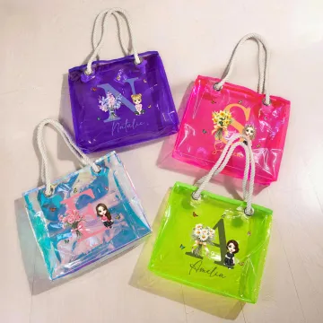 Discover Personalised Neon Birth Flower Bouquet Cartoon Character Clear Tote Bag with Name Initial Birthday Anniversary Gift for Women Girl