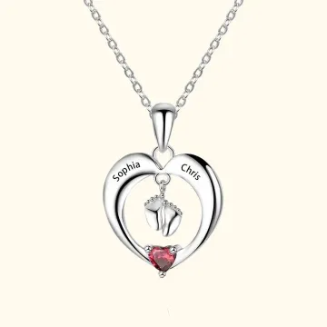 Discover Personalised Baby Feet Heart Birthstone Necklace with Engraved Names Mother's Day Birthday Gift for New Mom