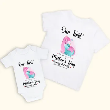 Discover Personalised Our First Mother’s Day Dinosaur Baby Onesie and Mommy Matching T-Shirt with Names and Year Gift for Baby New Mom