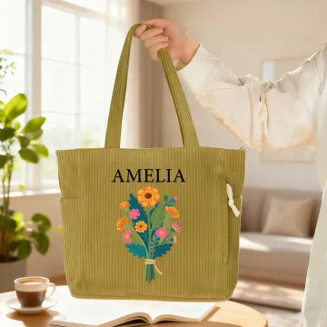 Discover Personalised Multi-Colour Birth Flower Corduroy Tote Bag with Name and Initial Daily Use Birthday Gift for Girlfriend Mom