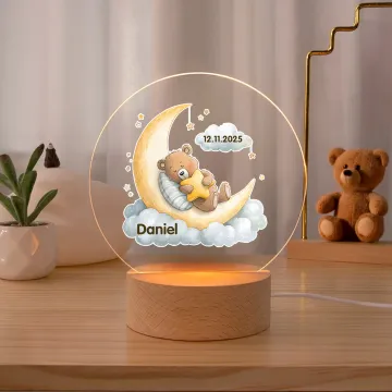 Discover Personalised Moon Stars Cute Animals LED Night Light with Name Date and Wooden Base Nursery Decor Birthday Baby Shower Gift for Kids