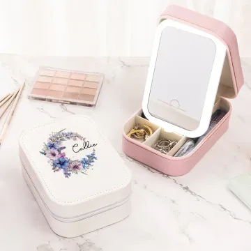 Discover Personalised Birth Flower Wreath Leather Jewellery Box with Name and LED Light Makeup Mirror Travel Essential Birthday Gift for Women