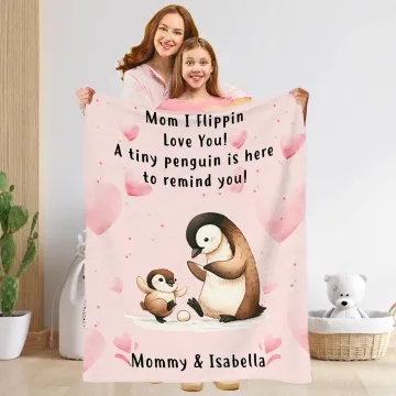Discover Personalised Cute Heart Penguin Mom and Kid Soft Throw Blanket with Name Birthday Mother's Day Anniversary Gift for Mom Grandma