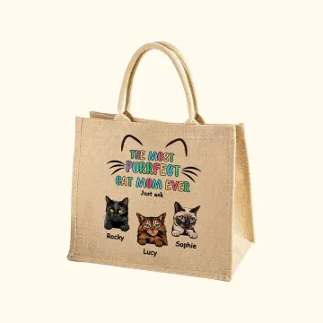 Discover Personalised The Most Purrfect Cat Mom Ever Jute Tote Bag with 1-6 Cat's Name Large Capacity Birthday Travel Accessory Gift for Cat Lover