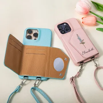 Discover Personalised Birth Flower Crossbody Leather Name Phone Case for iPhone with Long Shoulder Strap and Card Holder Birthday Holiday Gift for Women Girls