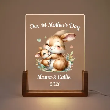 Discover Personalised Parent-Child Animal Name LED Night Light with Wooden Base Our 1st Mother's Day Room Decor Birthday Gift for Mom Kids