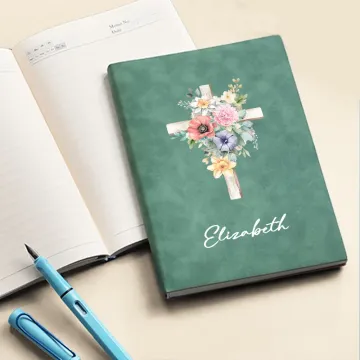Discover Personalised Watercolour Cross 1-5 Birth Flowers Leather Church Notebook with Name for Bible Study Birthday Religious Gift for Women Christian
