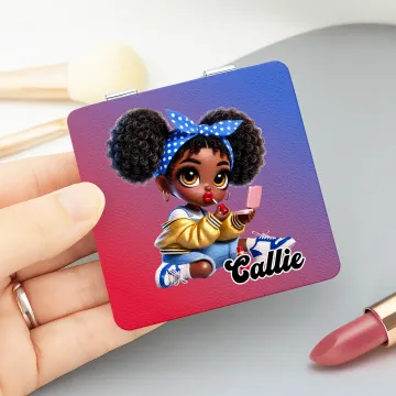 Discover Personalised Cartoon Black Girl Double-Sided 1X 2X PU Leather Makeup Mirror with Name Birthday Anniversary Gift for Women Girls