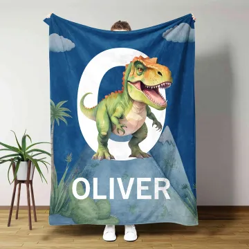 Discover Personalised Cute Dinosaur Soft Throw Blanket with Initial Name Birthday Home Decor Baby Shower Gift for Kids