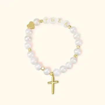Discover Personalised 6mm Round White Freshwater Shell Pearl Cross Stretch Bracelet for Religious Jewellery Christian Communion Confirmation Baptism Gift