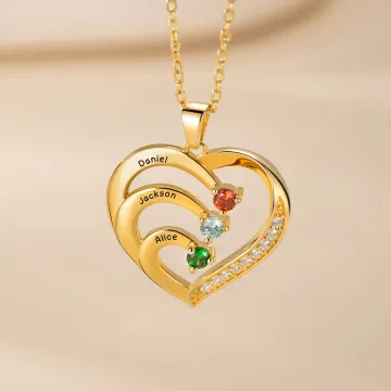 Discover Personalised Family Heart Pendant Sterling Silver Necklace with 1-6 Engraved Names and Birthstones Mother's Day Birthday Gift for Mom Grandma