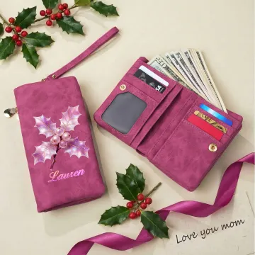 Discover Personalised Pearl Effect Birth Flower Tri-Fold PU Leather Wristlet Wallet with Card Holder and Name Birthday Mother's Day Gift for Woman Mom