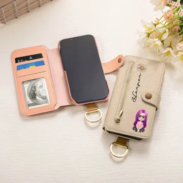 Discover Personalised Birth Flower Cartoon Character Leather Flip Wallet Phone Case with Name RFID Blocking Card Holder Mother's Day Birthday Gift for Women