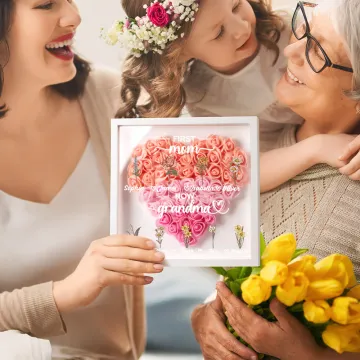 Discover Personalised First Mom Now Grandma Birth Flower Love Paper Flower Shadow Box Frame with Names and Title Mother's Day Birthday Gift for Mom Grandma