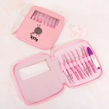 Discover Personalised Pink Yarn Ball Pattern Hooks 8 Pcs Set with Storage Case with Name Birthday Mother's Day Gift for Sewing Crocheting Lovers
