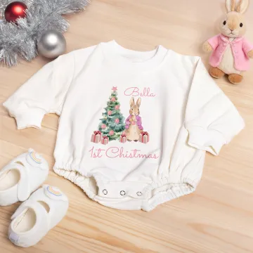 Discover Personalised Peter Rabbit First Christmas 100% Cotton Long Sleeve Baby Bodysuit Matching Headband and Socks with Name Christmas Gift for Newborns