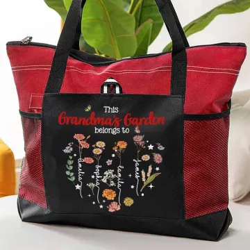 Discover Personalised 1-12 Birth Flowers Names Large Tote Bag with Mesh Pockets Birthday Mother's Day Gift for Mom Grandma