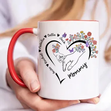 Discover Personalised Heart Birth Flower Pet Pattern 11 oz 15 oz Ceramic Coffee Mug with 2-6 Names and Coaster Mother's Day Birthday Gift for Mom Grandma