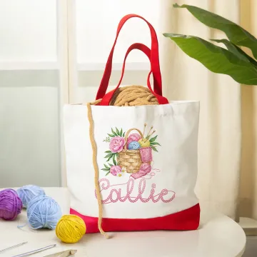 Discover Personalised Floral Yarn Basket Reusable Canvas Tote Bag with Name Travel Accessories Birthday Mother's Day Gift for Crochters Knitting Lovers