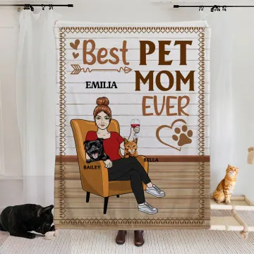 Discover Personalised Best Pet Mom Dad Ever 1-3 Cat Dog Cartoon Soft Throw Blanket with Name and Funny Quote Home Decor Birthday Gift for Cat Dog Pet Lover