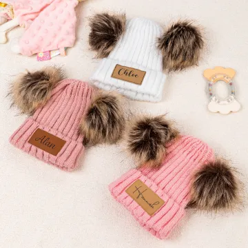 Discover Personalised Two Soft Pom-Poms Beanie Hat with Name Leather Patch Winter Daily Wear Baby Shower Christmas Gift for Baby