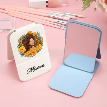 Discover Personalised Birth Flower Wreath Photo PU Leather Makeup Mirror with Name Foldable Travel Essentials Birthday Anniversary Gift for Women