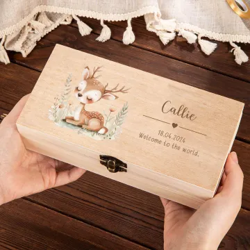 Discover Personalised Cartoon Animal Deer Bear Wooden Storage Box with Name and Birth Information Birthday Baby Shower Gift for Newborn