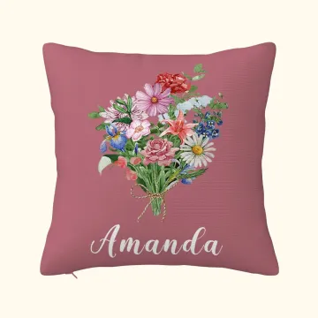 Discover Personalised Family Watercolour Birth Flower Bouquet Throw Pillow Cover Mother's Day Birthday Gift for Women Girls