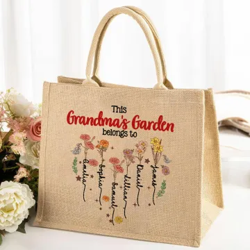 Discover Personalised Heart Birth Flower Family Garden Jute Tote Bag with 1-12 Names Travel Accessories Birthday Mother's Day Gift for Mom Grandma