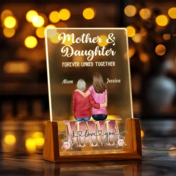 Discover Personalised Cartoon Mom and 1-4 Kids Forever Linked Together  LED Night Light with Name and Wooden Base Home Decor Mother's Day Gift for Mom Grandma