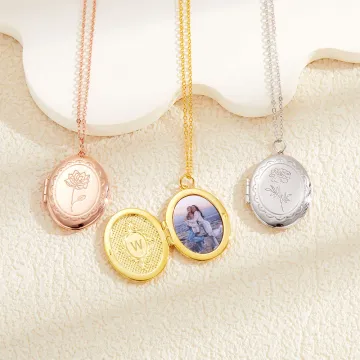 Discover Personalised Engraved Birth Flower Locket Necklace with Photo and Initial Mother's Day Birthday Gift for Women