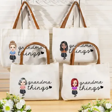 Discover Personalised Grandma Things Cartoon Character Canvas Tote Bag with Leather Handle Travel Accessories Birthday Gift for Grandma Senior Women