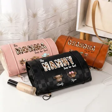 Discover Personalised Waterproof Highland Cow PU Leather Makeup Bag with 1-8 Names and Title Travel Essentials Mother's Day Gift for Mother Grandmother