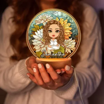 Discover Personalised Faux Coloured Glass Cartoon Birth Flower LED Night Light with Wooden Base and Name Mother's Day Birthday Gift for Mom Grandma