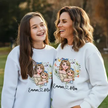 Discover Personalised Heart Shaped Wreath Cartoon Mom and 1-2 Kids Skin-friendly Sweatshirt Hoodie with Name Birthday Mother's Day Gift for Mom Grandma