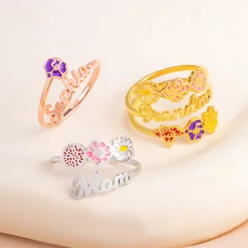 Discover Personalised 1-6 Coloured Birth Flowers Adjustable Ring with Name Dainty Jewellery Birthday Anniversary Gift for Mom Grandma